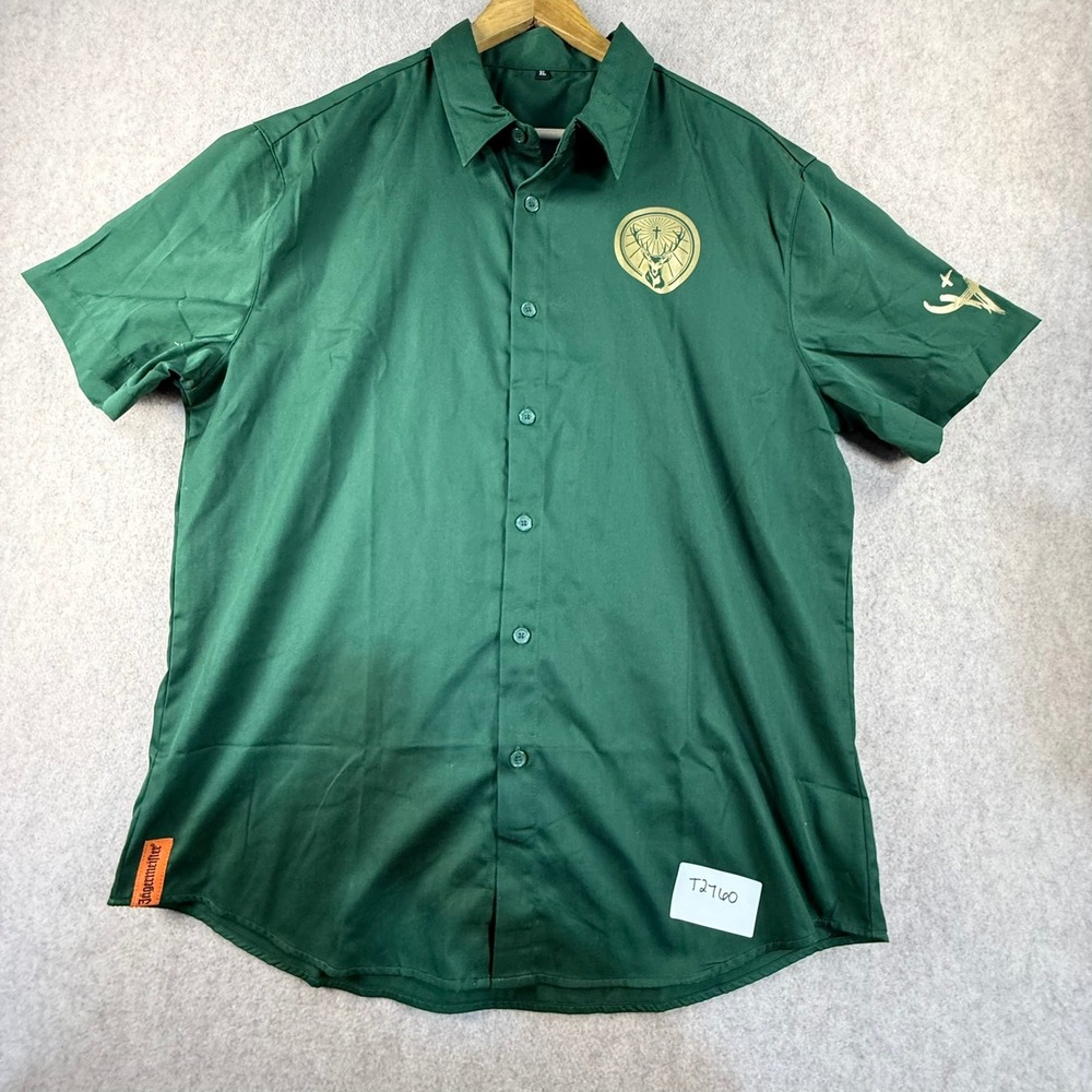 Jagermeister Mens XL Green Short Sleeve Button Up Shirt Gold Stag Logo Promo